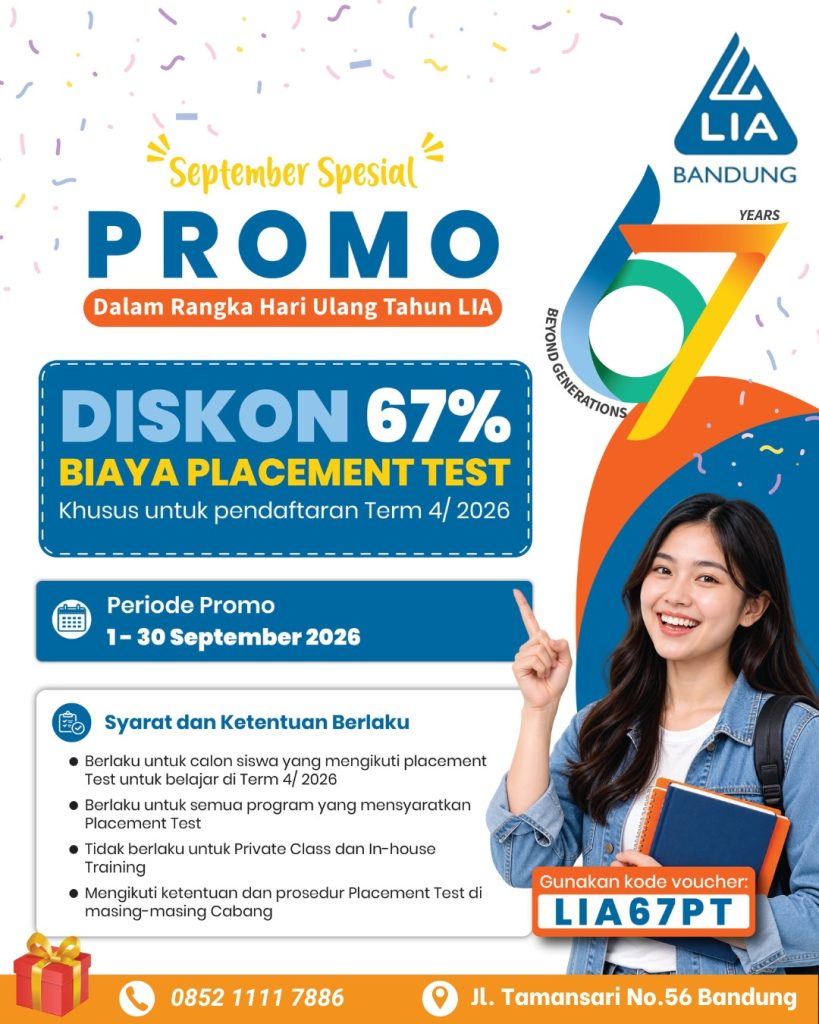 Promo September LIA Bandung: Diskon 67% Biaya Placement Test untuk Pendaftaran Term 4/2026